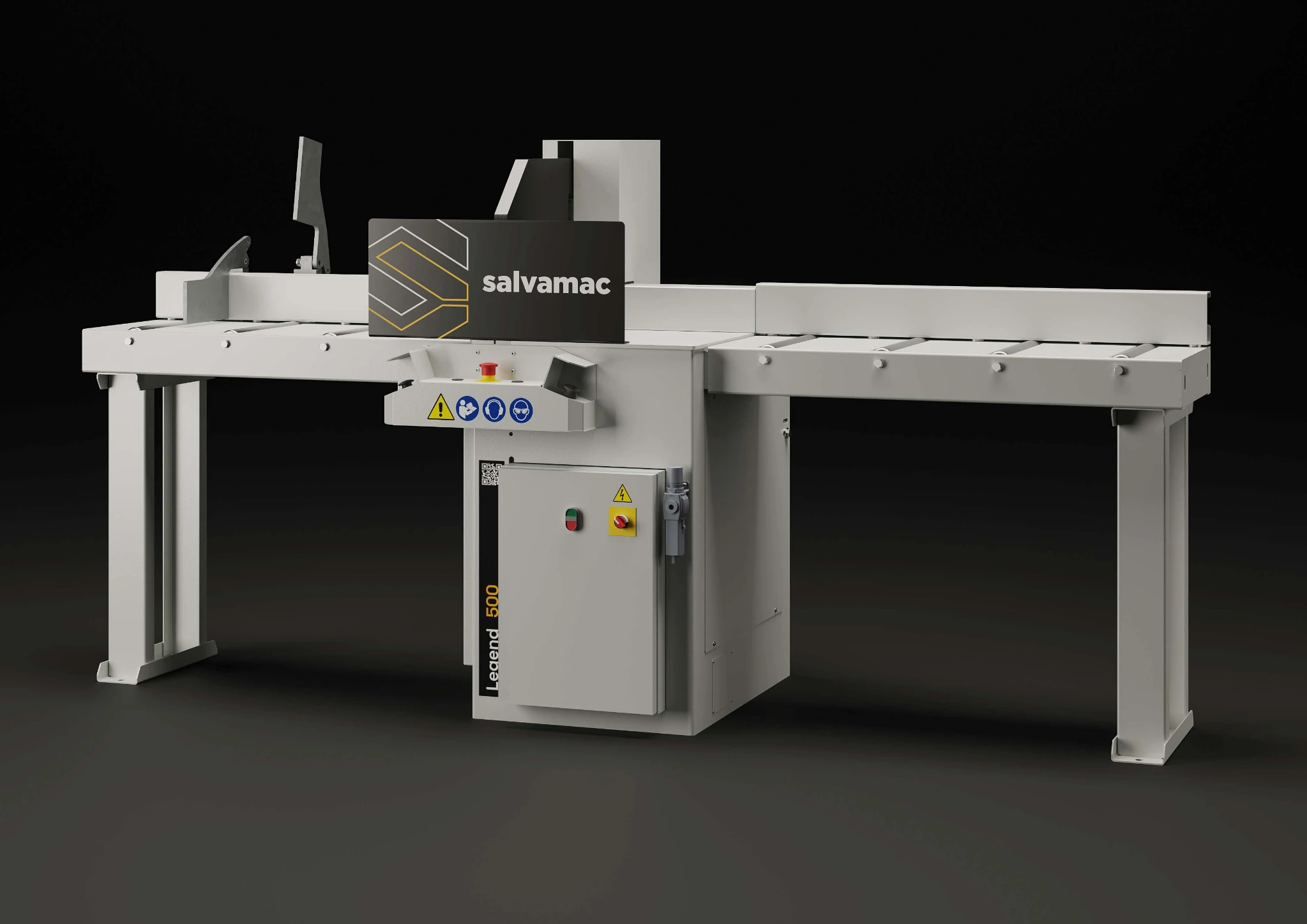 Salvamac Legend 500 complete semi-automatic crosscut saw with roller tables