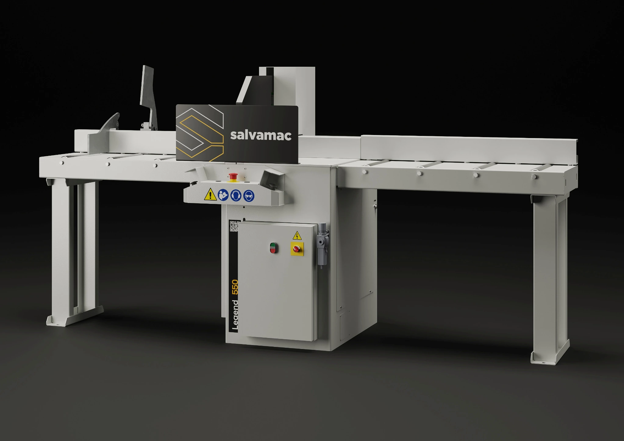 Salvamac Legend 550 complete semi-automatic crosscut saw with roller support tables