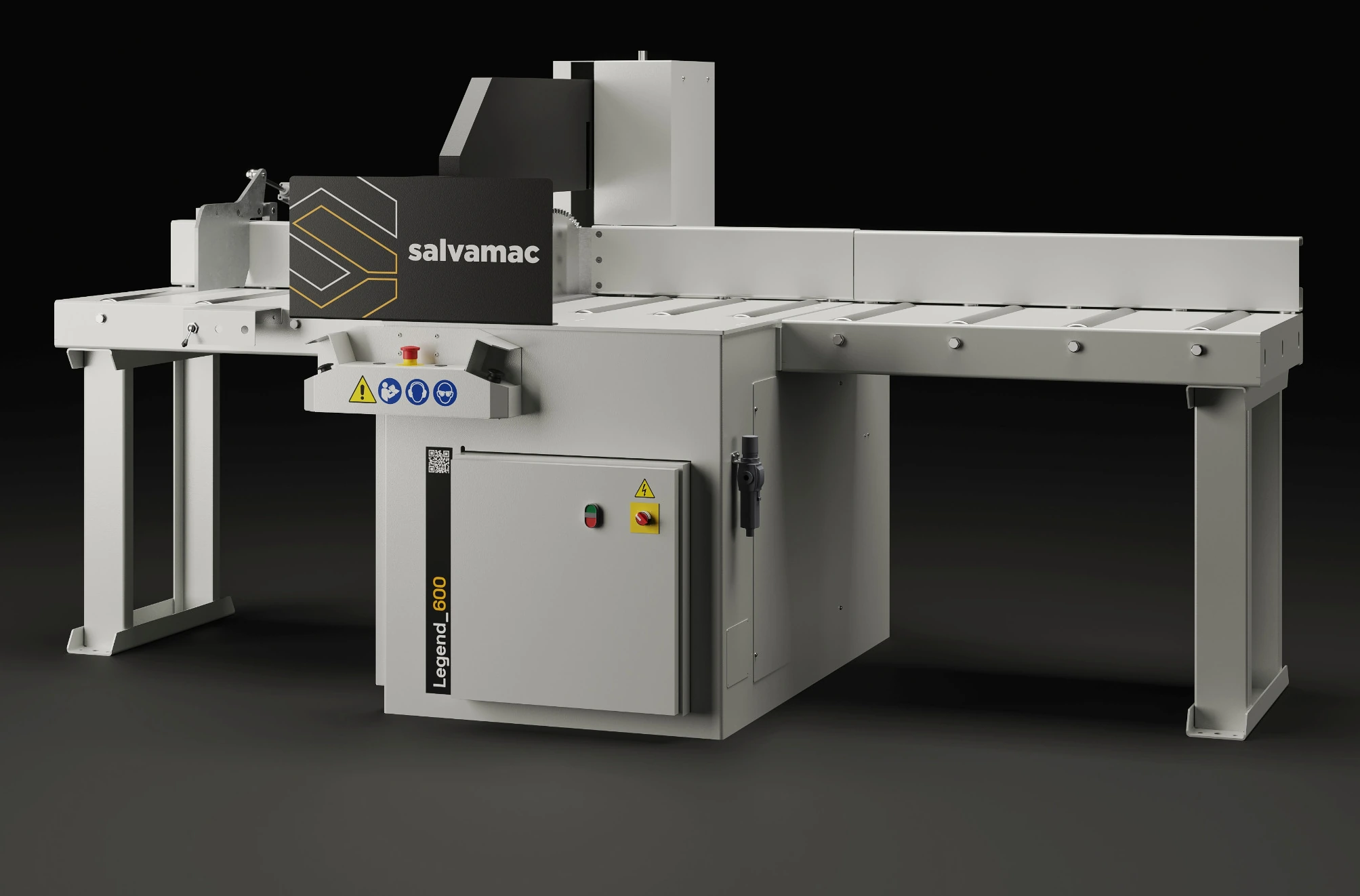 Salvamac Legend 600 complete machine with infeed and outfeed roller tables