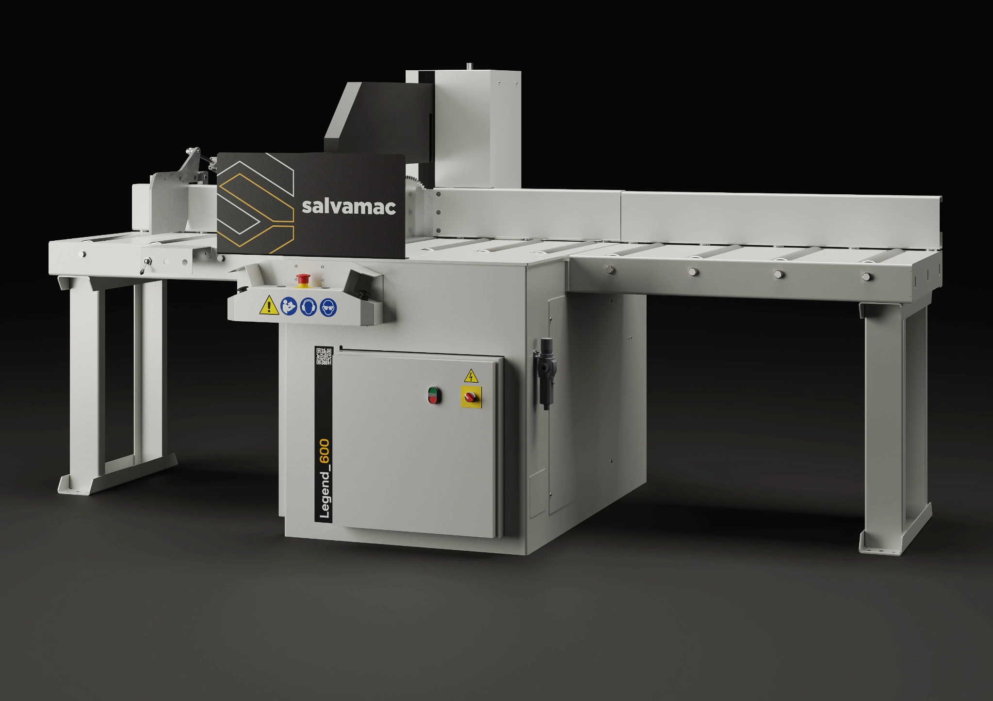 Salvamac Legend 600 complete semi-automatic crosscut saw with roller support tables