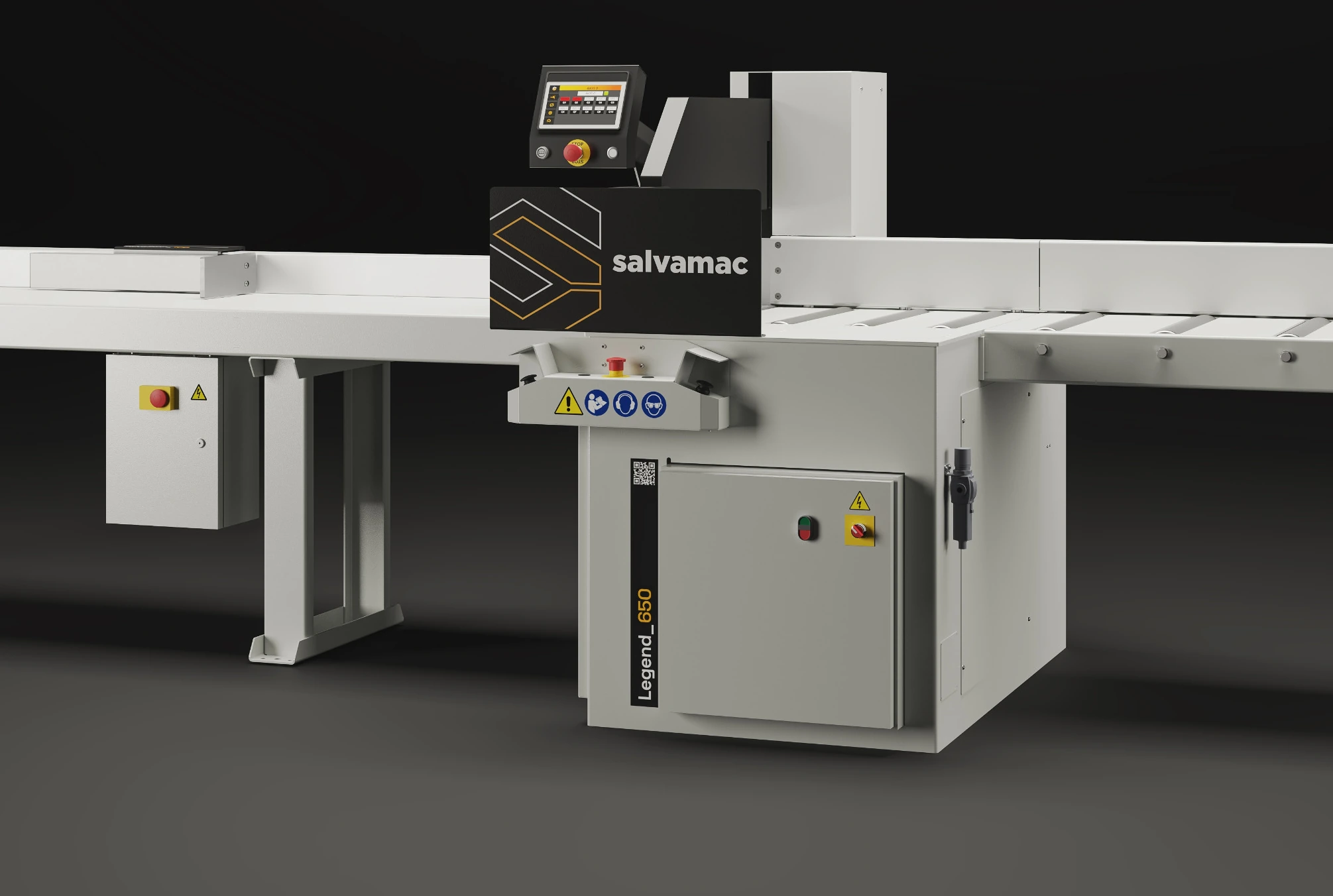 Salvamac Legend 650 complete machine with infeed and outfeed support tables