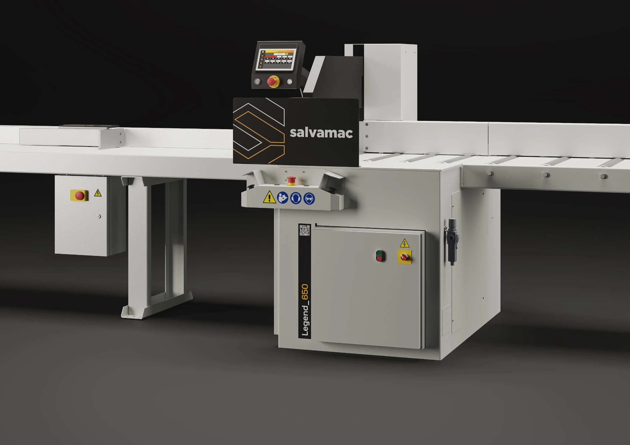 Salvamac Legend 650 complete heavy-section crosscut saw with support tables and touchscreen