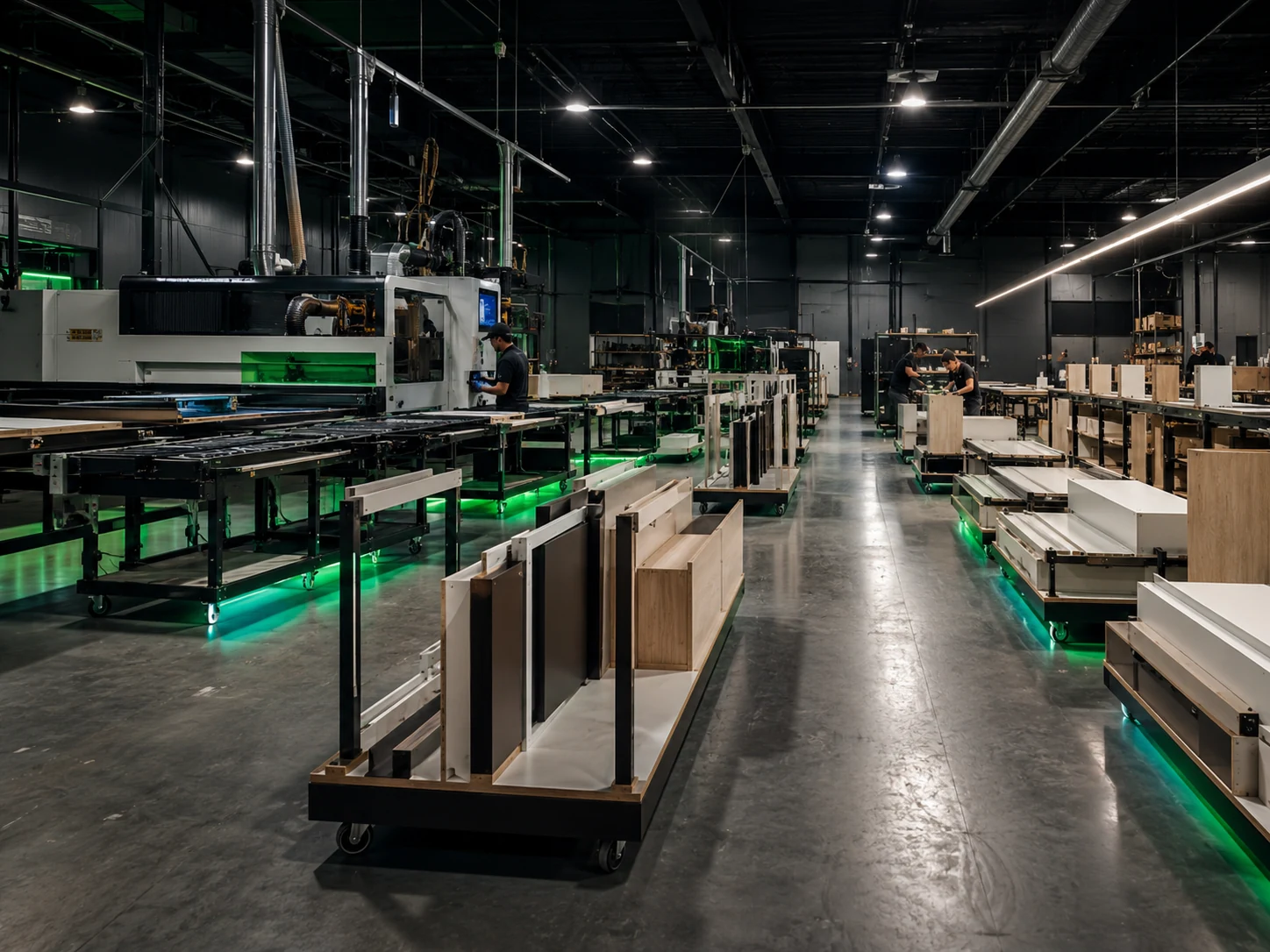 Whole-piece cabinet flow keeps complete units visible production application