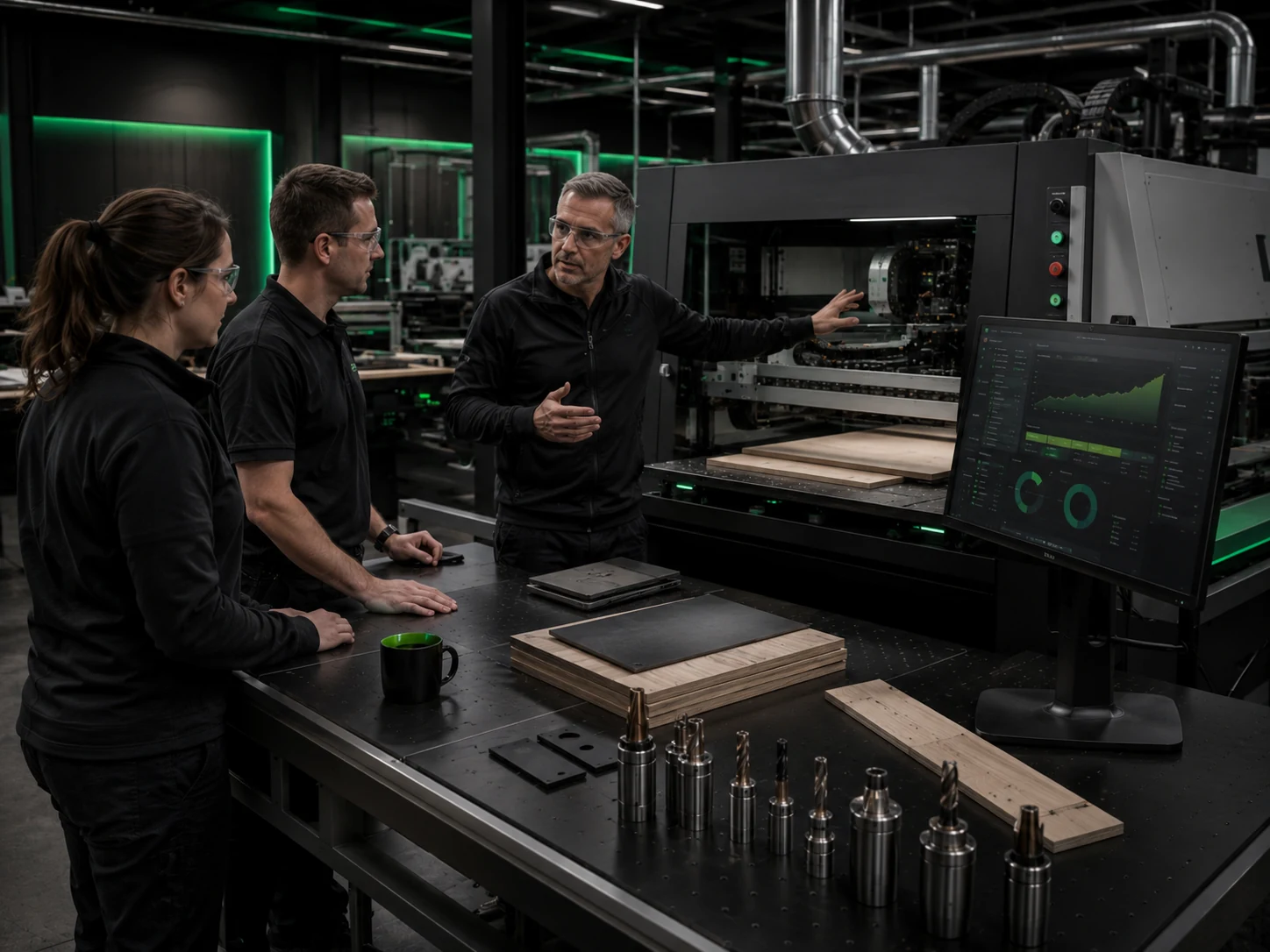 Production team receiving CNC commissioning and operator training during machine ramp-up