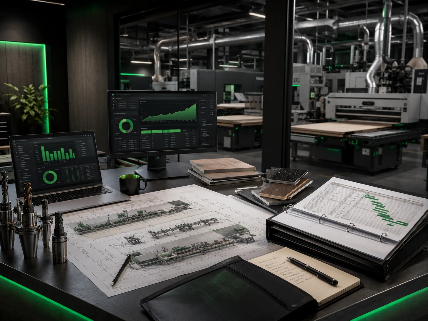 Industrial equipment project planning desk showing machinery, tooling, schedules, and capital requirements