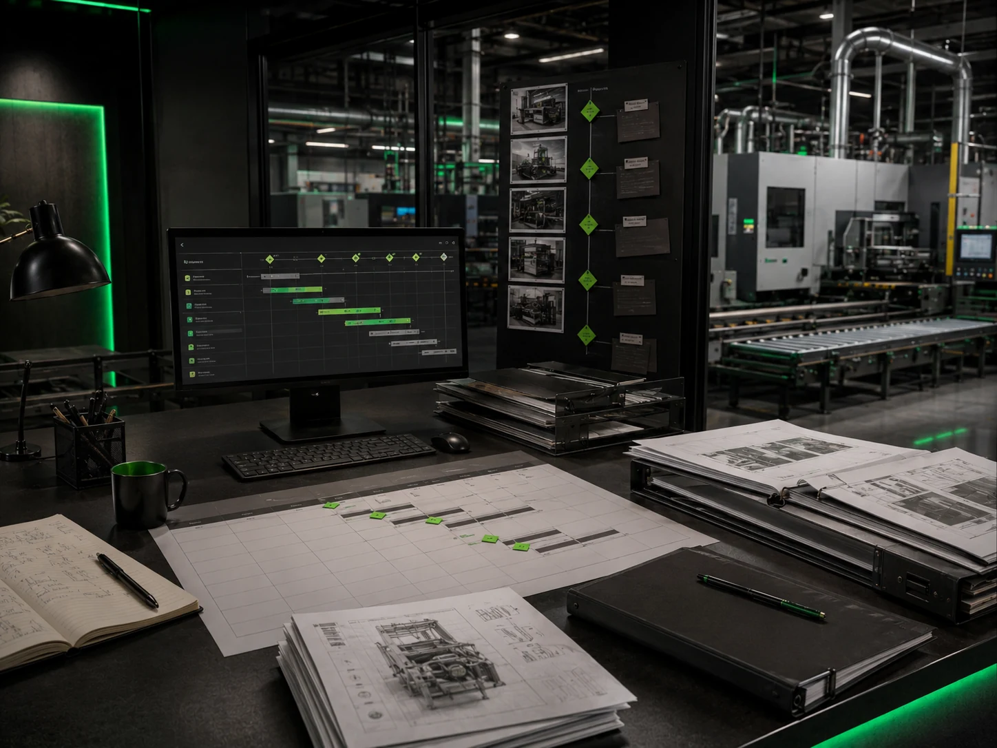 Industrial project timeline and equipment installation milestone planning workspace