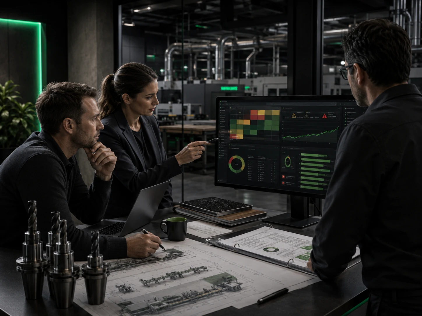 Manufacturing leadership team reviewing equipment financing risks and downside scenarios