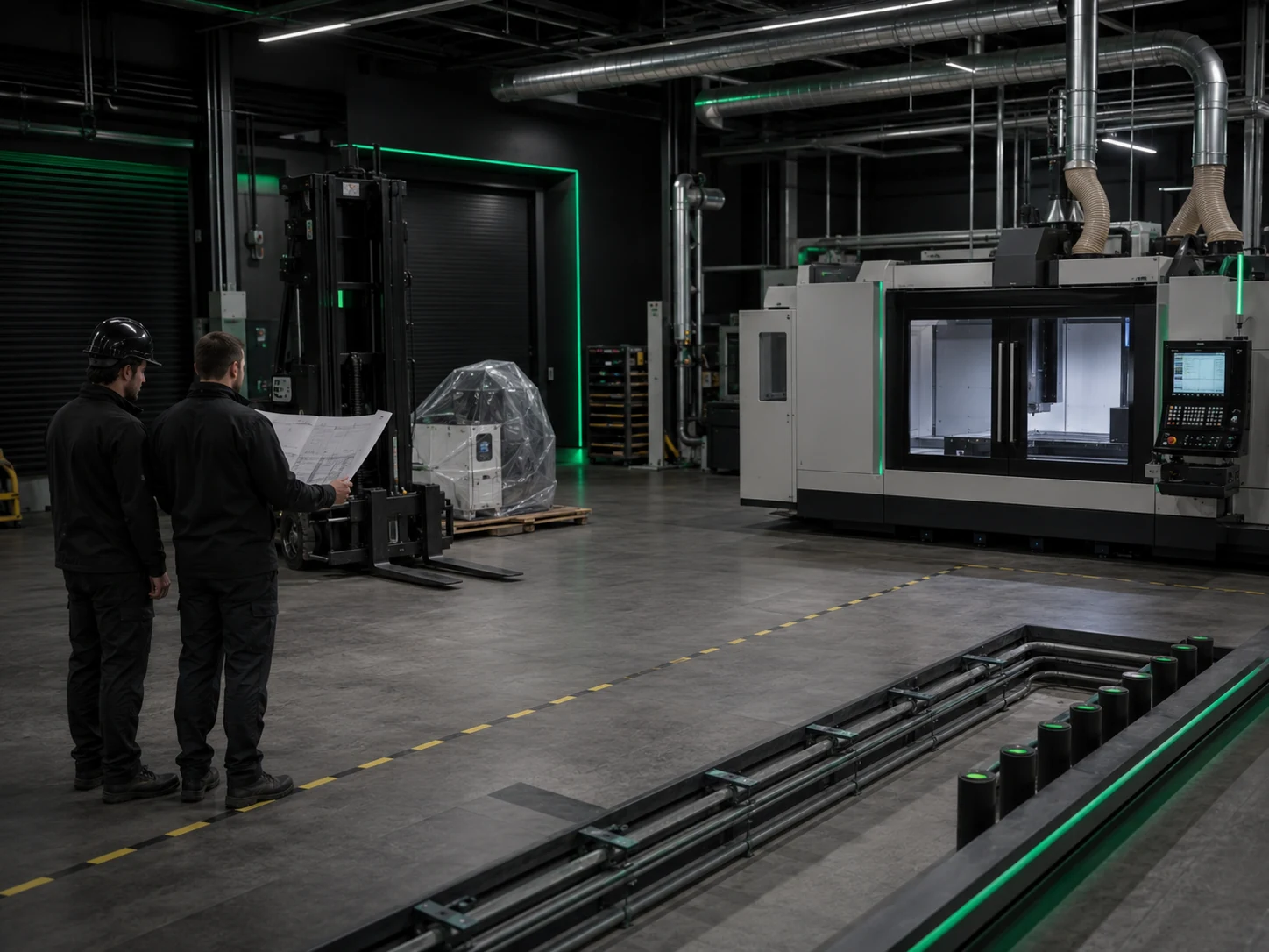 Industrial machine installation area prepared for rigging, utilities, access, and commissioning