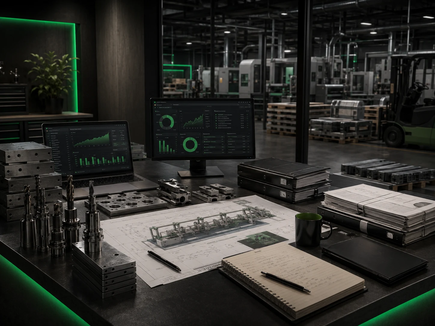 Industrial planning workspace for working capital, production ramp-up, tooling, and machine deployment