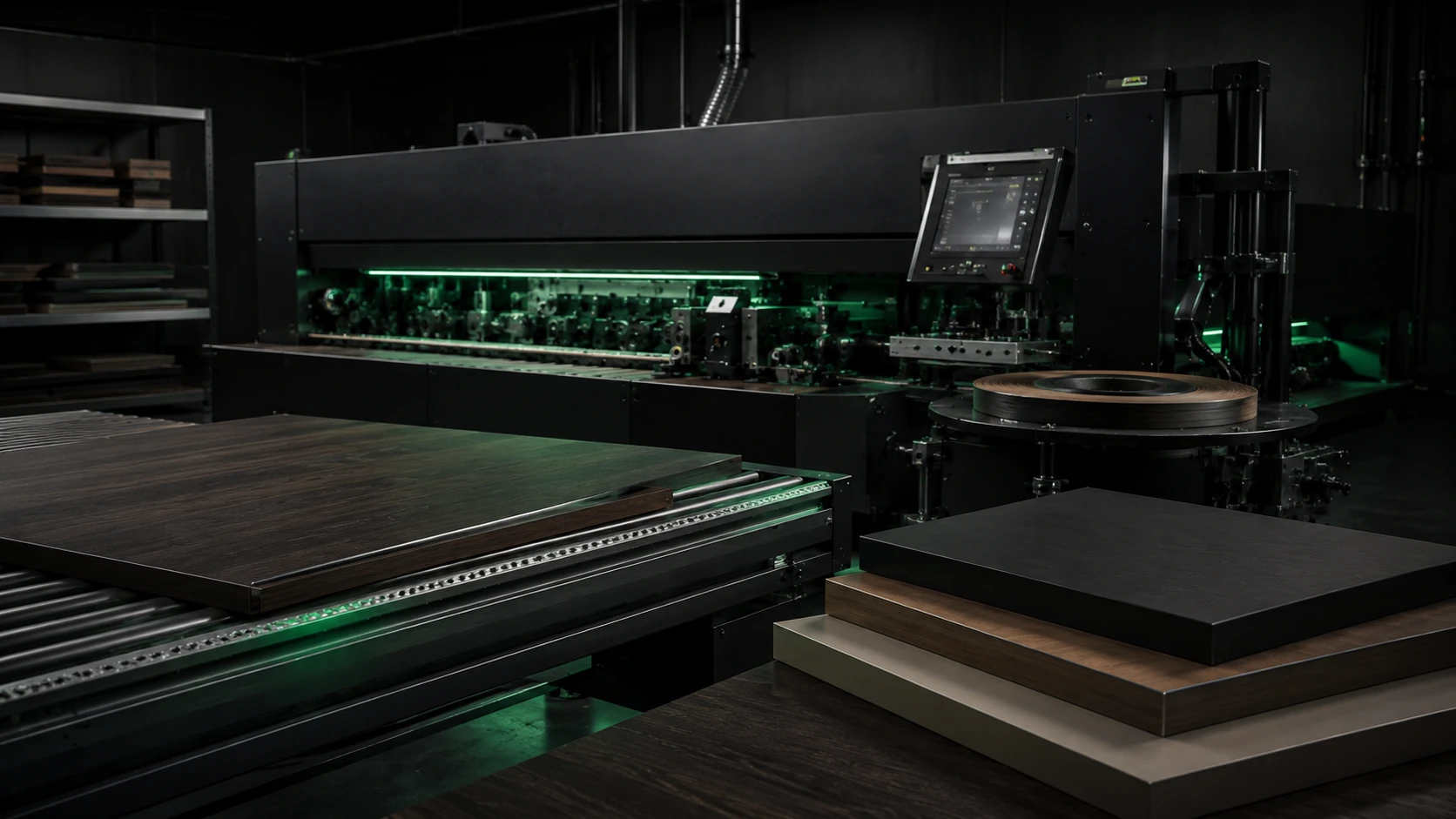 Industrial edgebanding machine applying and finishing panel edges