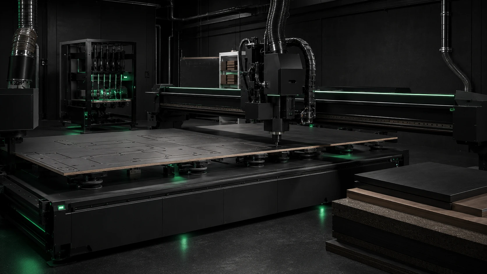 Solid-wood production floor with machining and component flow