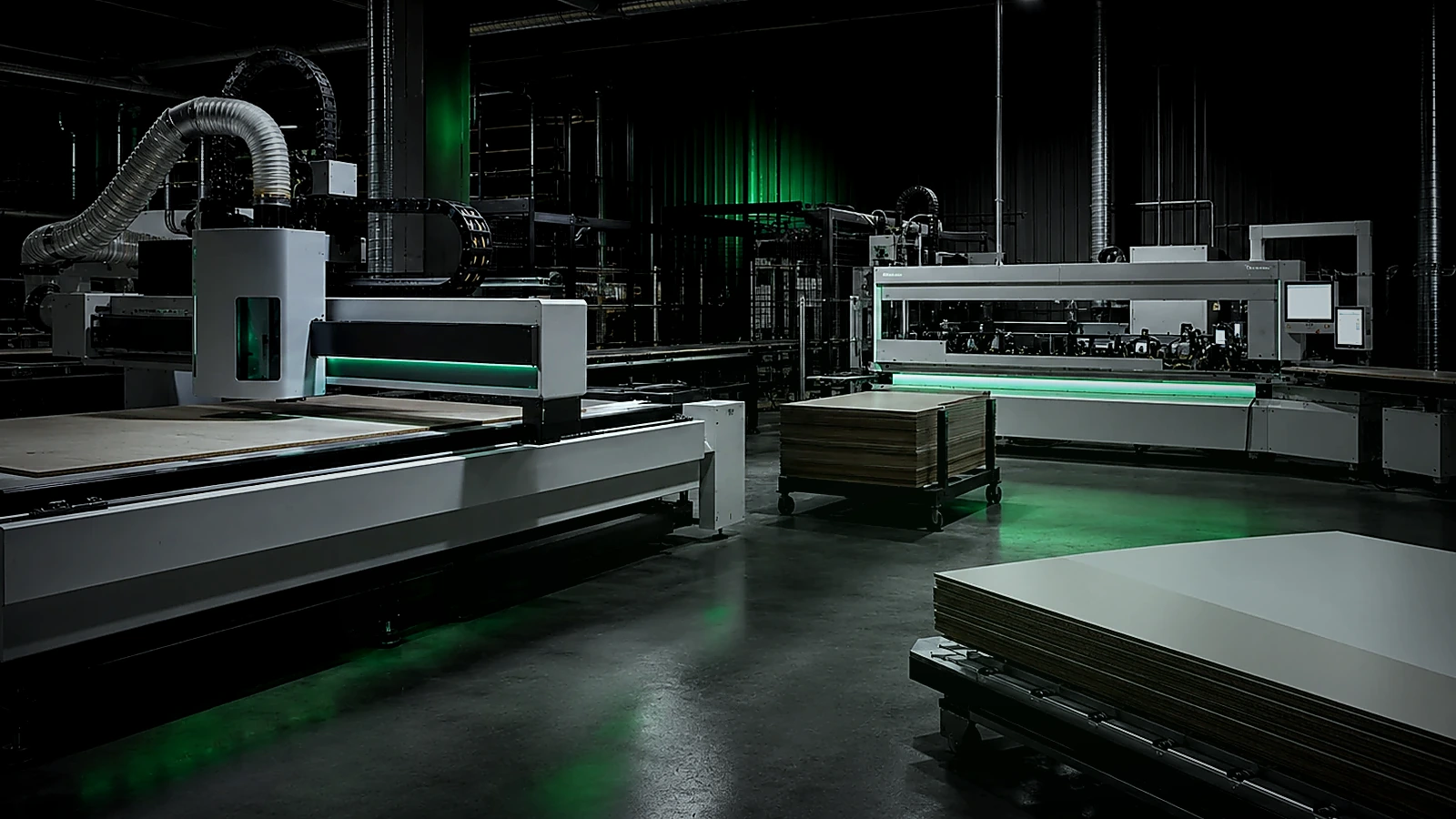 Integrated woodworking production equipment and material flow