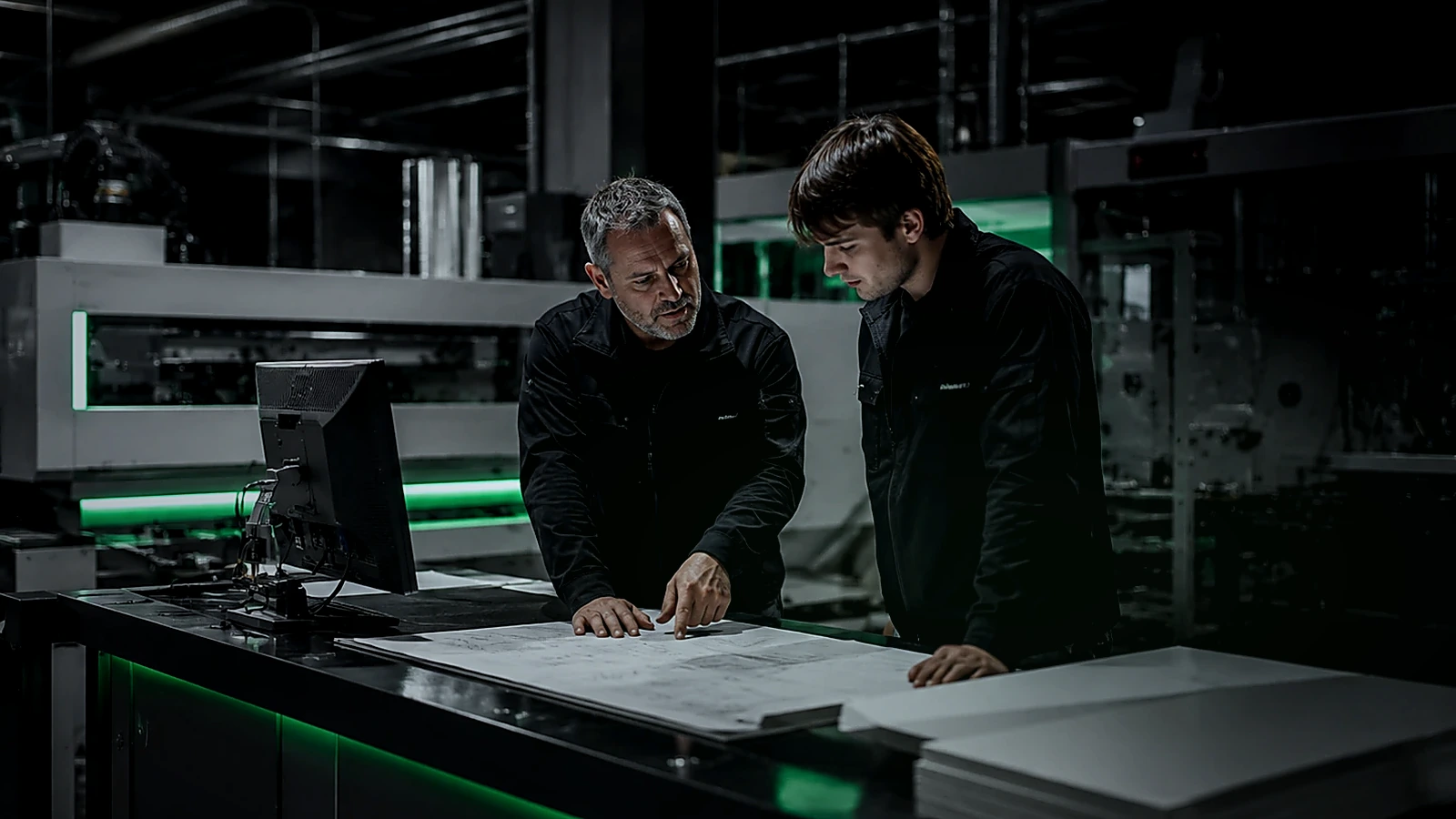 Production specialists reviewing long-term equipment planning