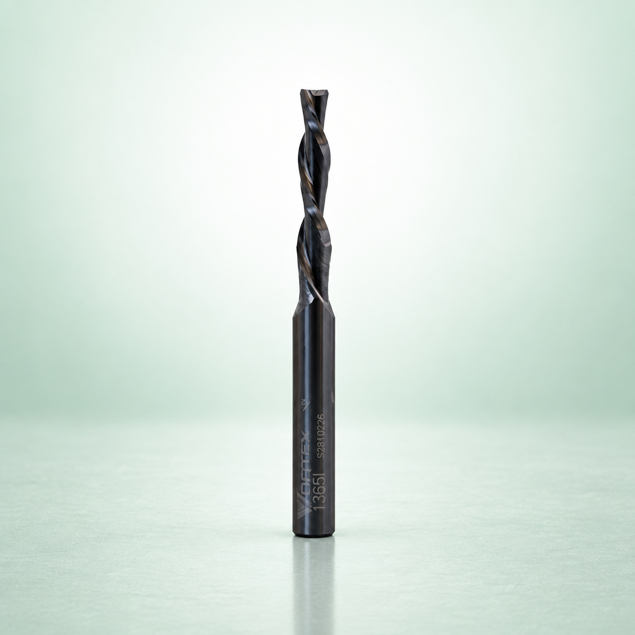 Two-flute finishing spiral end mill, upright product view