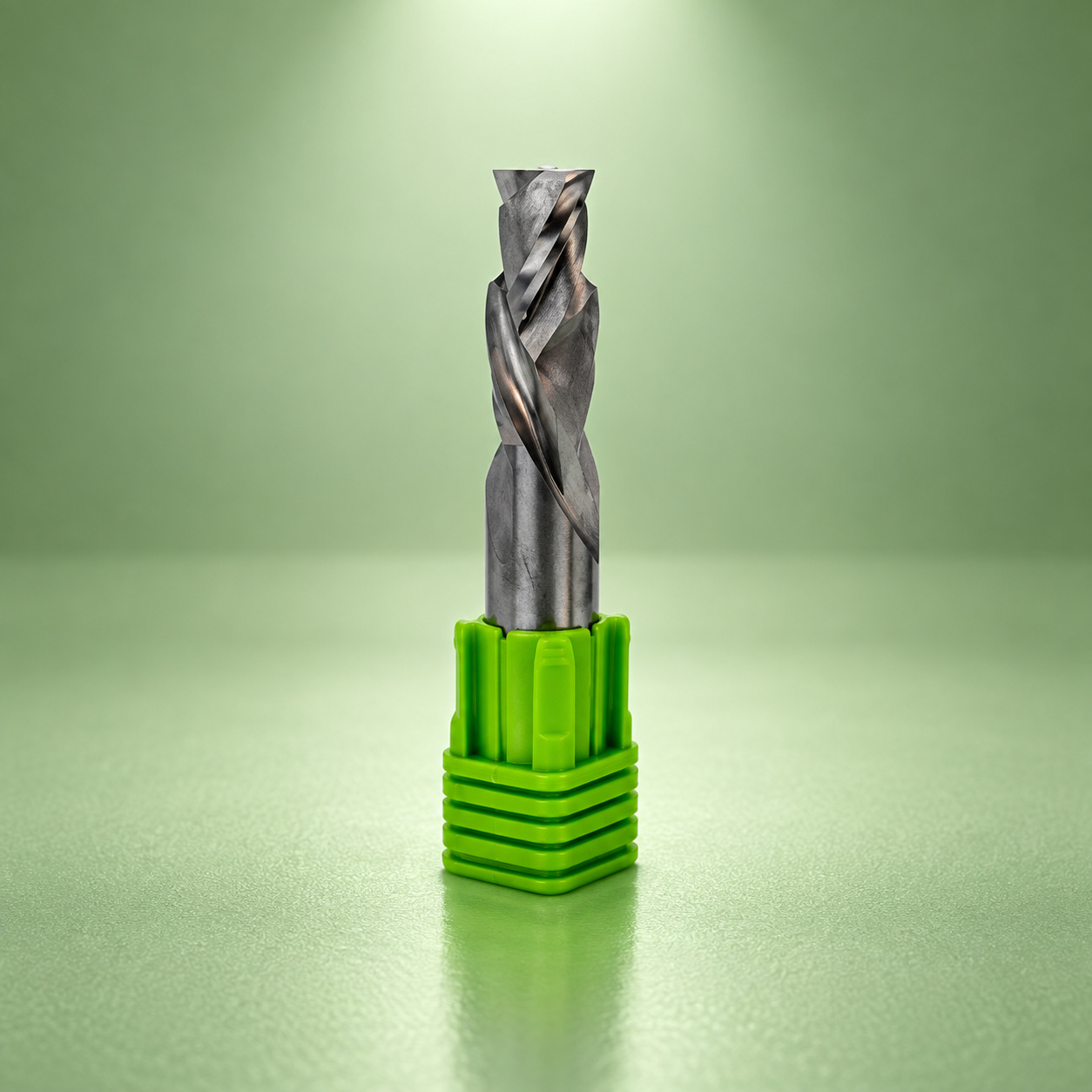 GreenCap carbide compression router bit upright in green protective cap