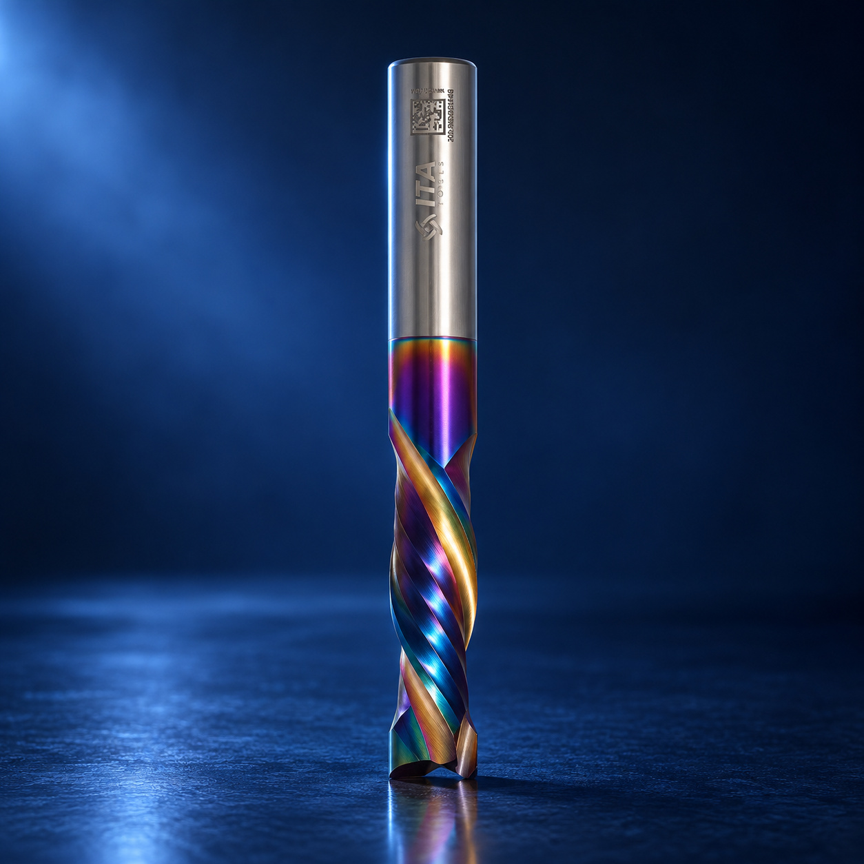 ITA Tools precision tool-holder adapter with steel shank and machined cutting assembly on a blue studio background
