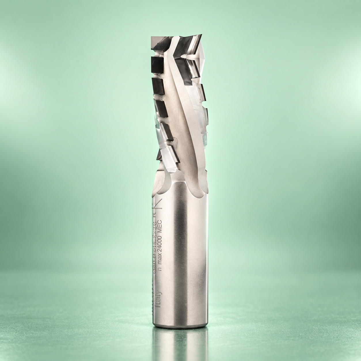 Klein Sistemi multi-edge DP router cutter on a mint green reflective stage