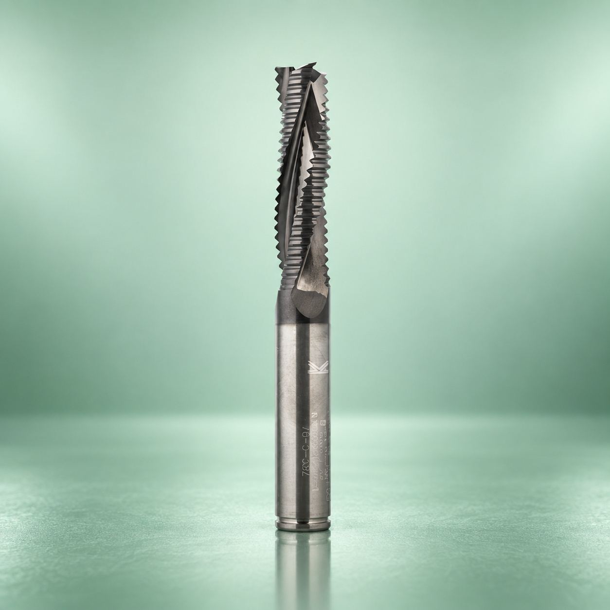 Klein Sistemi solid-carbide roughing spiral cutter on a mint green reflective stage