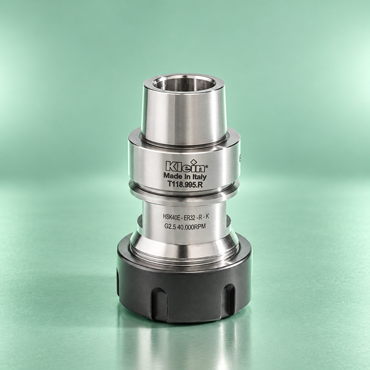 Klein Sistemi HSK-E ER32 collet chuck Made in Italy on a mint green reflective stage