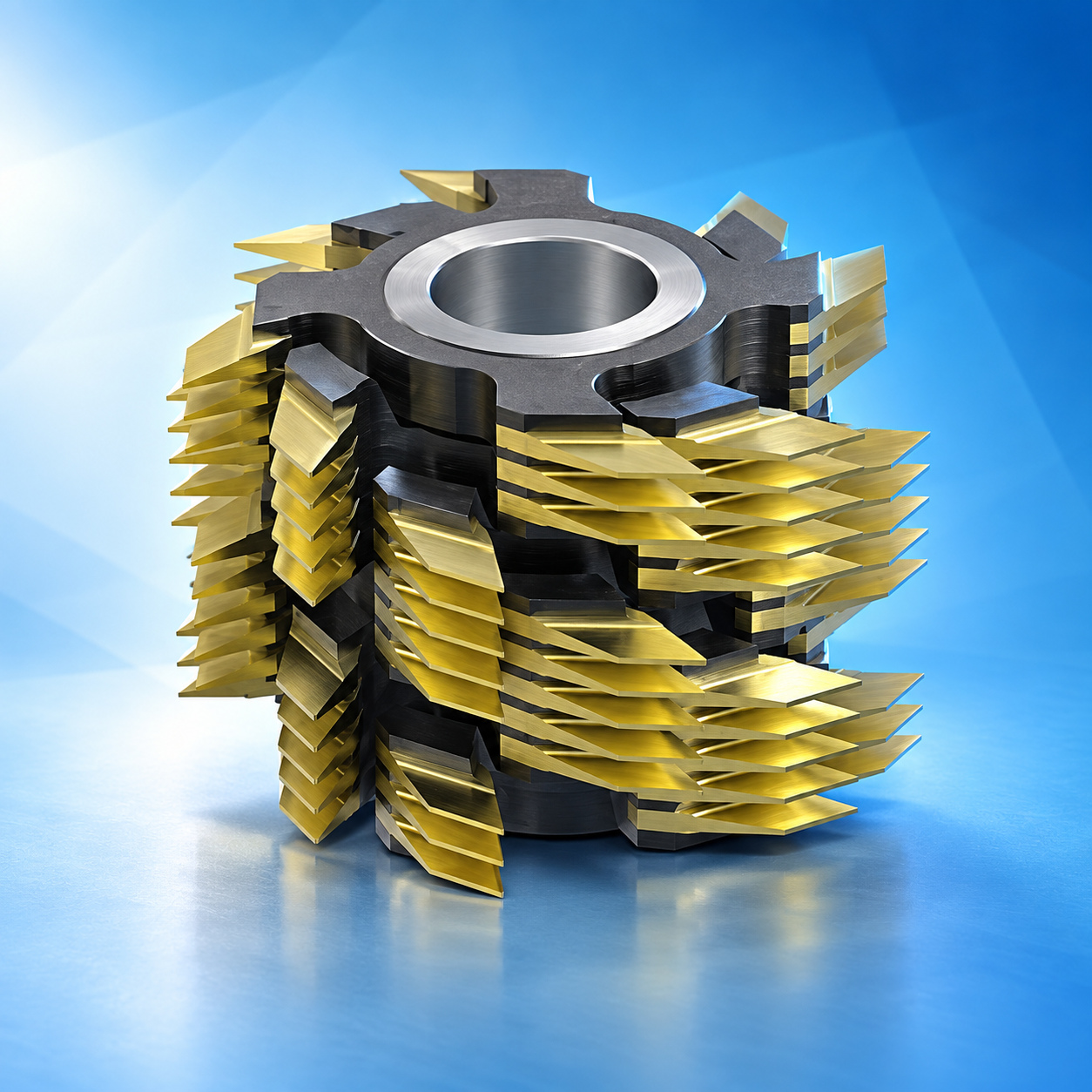 Leitz stacked gold-tipped cutter assembly on a blue reflective studio background