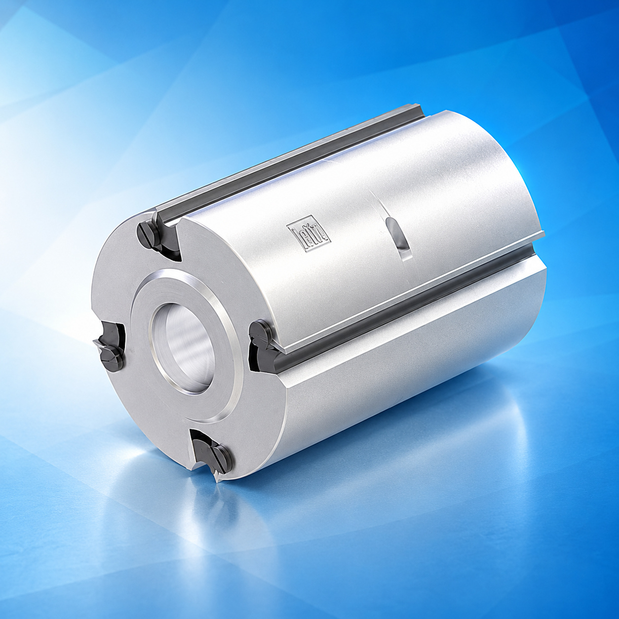 Leitz cylindrical cutterhead on a blue reflective studio background