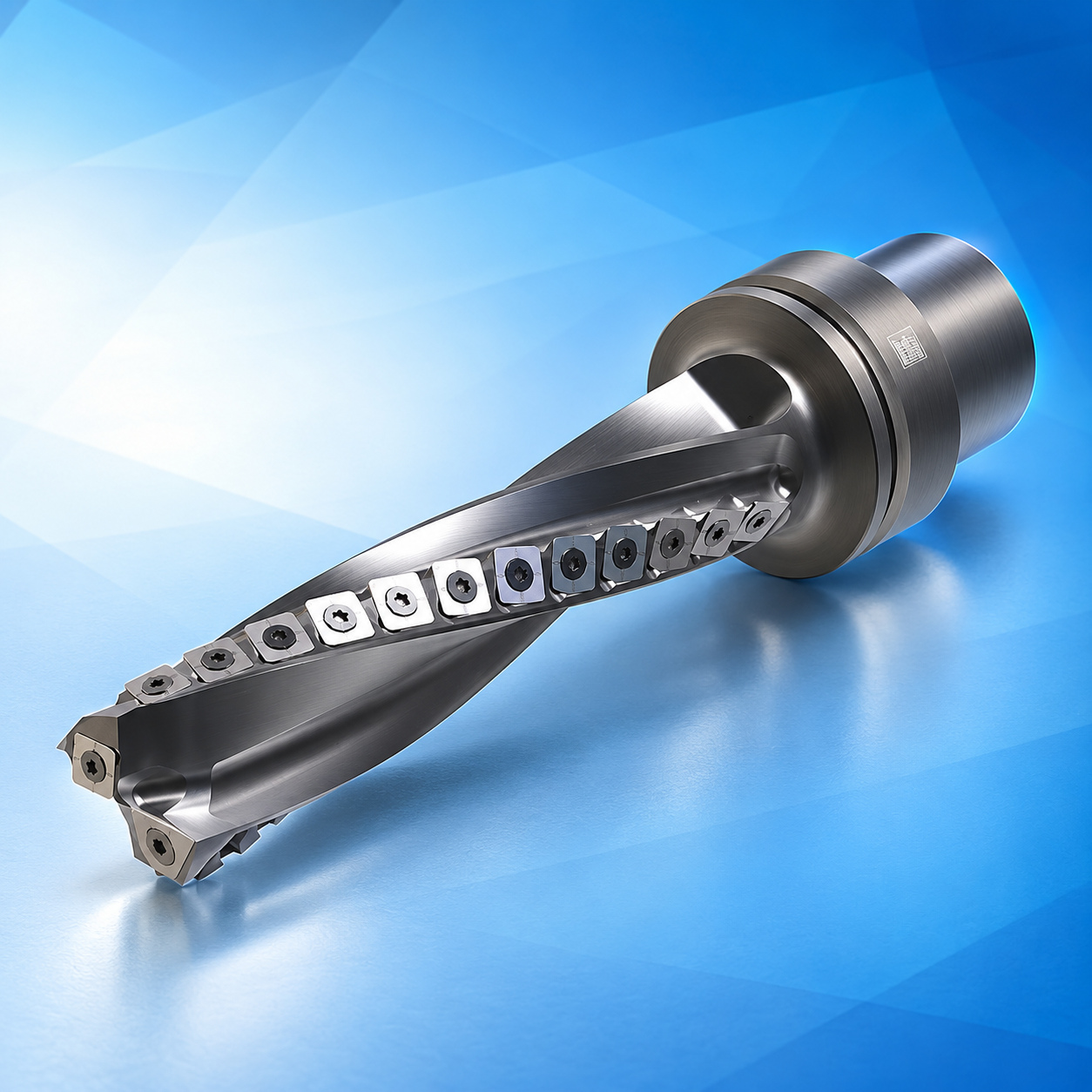 Leitz helical insert cutting tool on a blue reflective studio background