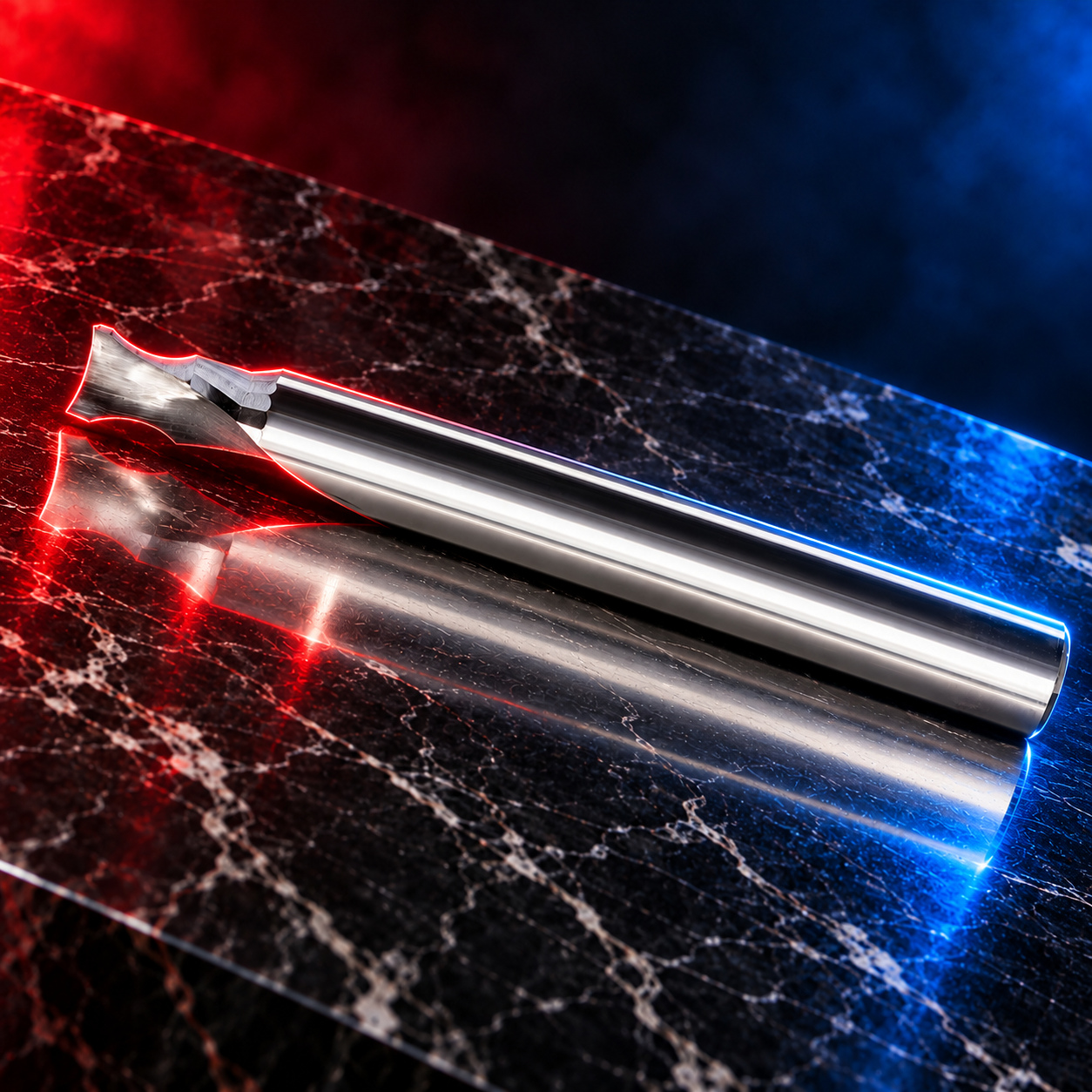Mastercut O-flute edge-rounding cutter photographed on a black marble stage with red and blue edge lighting