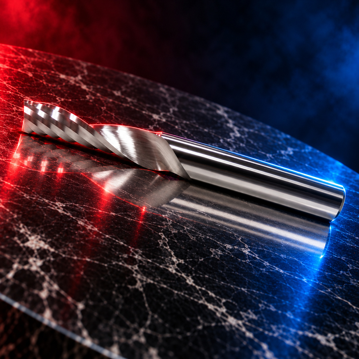 Mastercut O-flute upcut spiral cutter photographed on a black marble stage with red and blue edge lighting