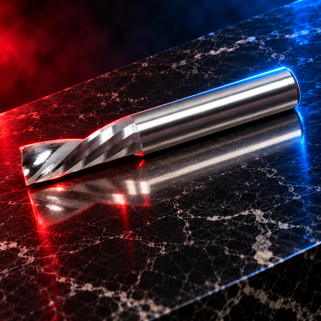 Mastercut R 1-flute downcut OFX cutter photographed on a black marble stage with red and blue edge lighting