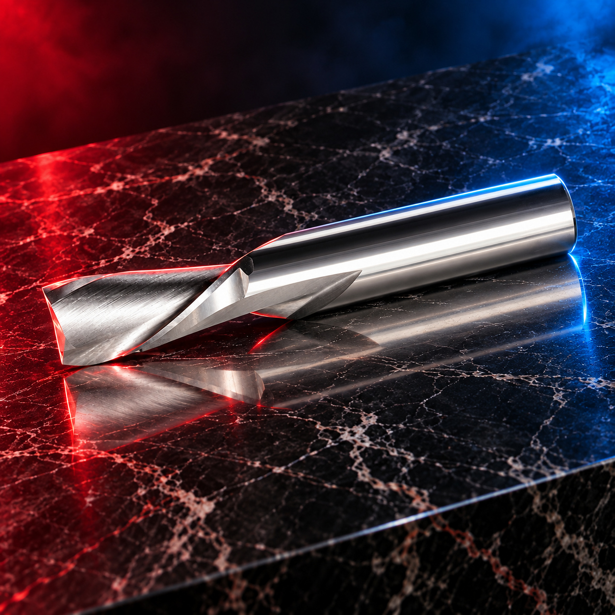 Mastercut R 2-flute downcut spiral cutter photographed on a black marble stage with red and blue edge lighting