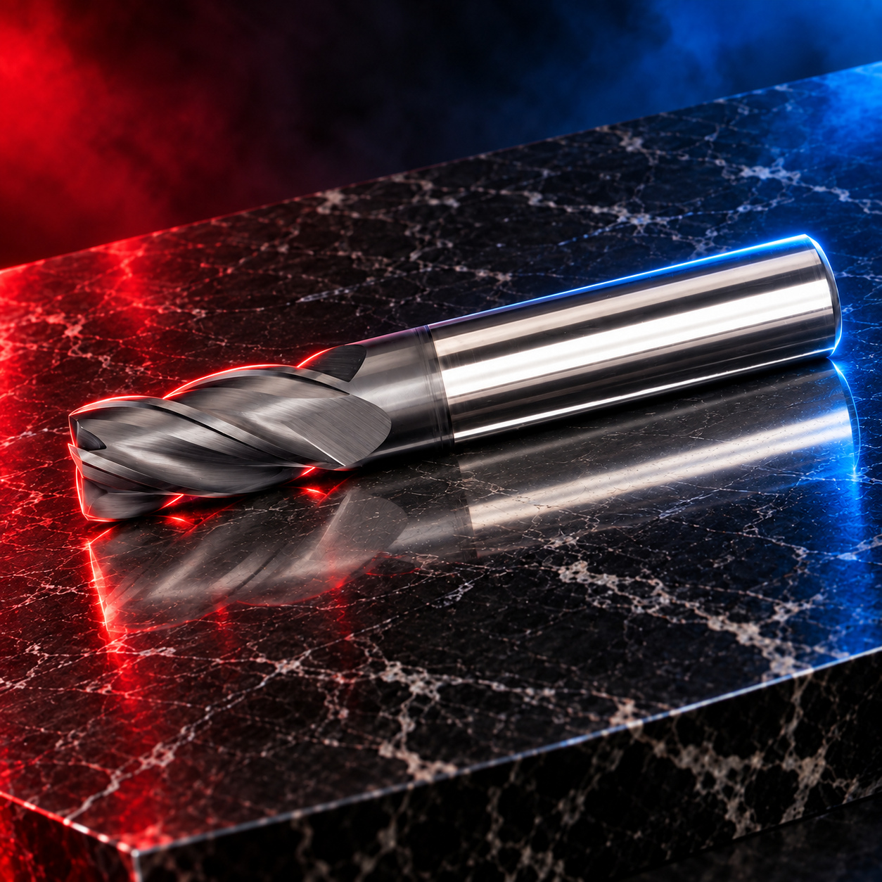 Mastercut V4 corner-radius PowerA cutter photographed on a black marble stage with red and blue edge lighting
