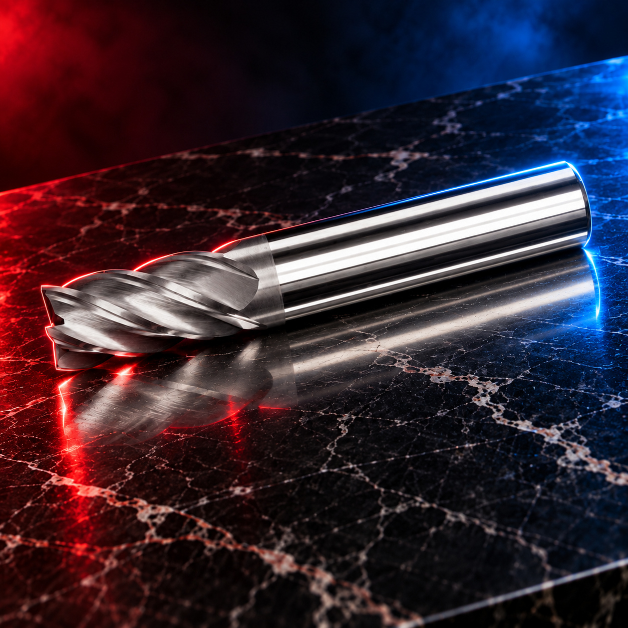 Mastercut V5 square PowerA cutter photographed on a black marble stage with red and blue edge lighting