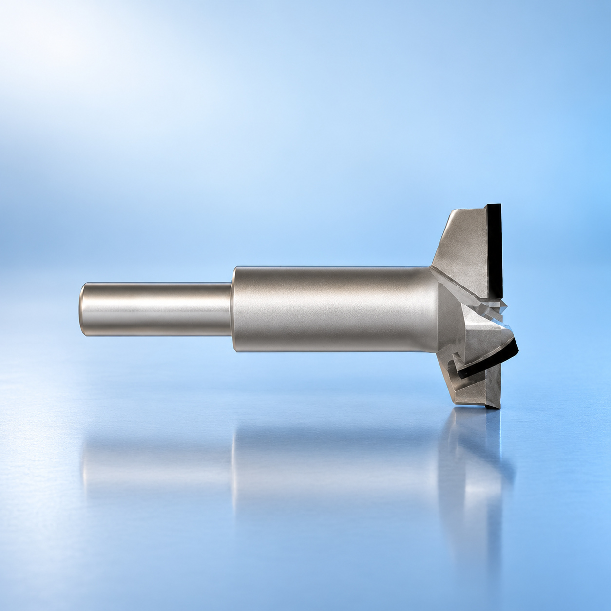 Microtech shank-mounted profile cutter with black cutting inserts on a light blue reflective stage