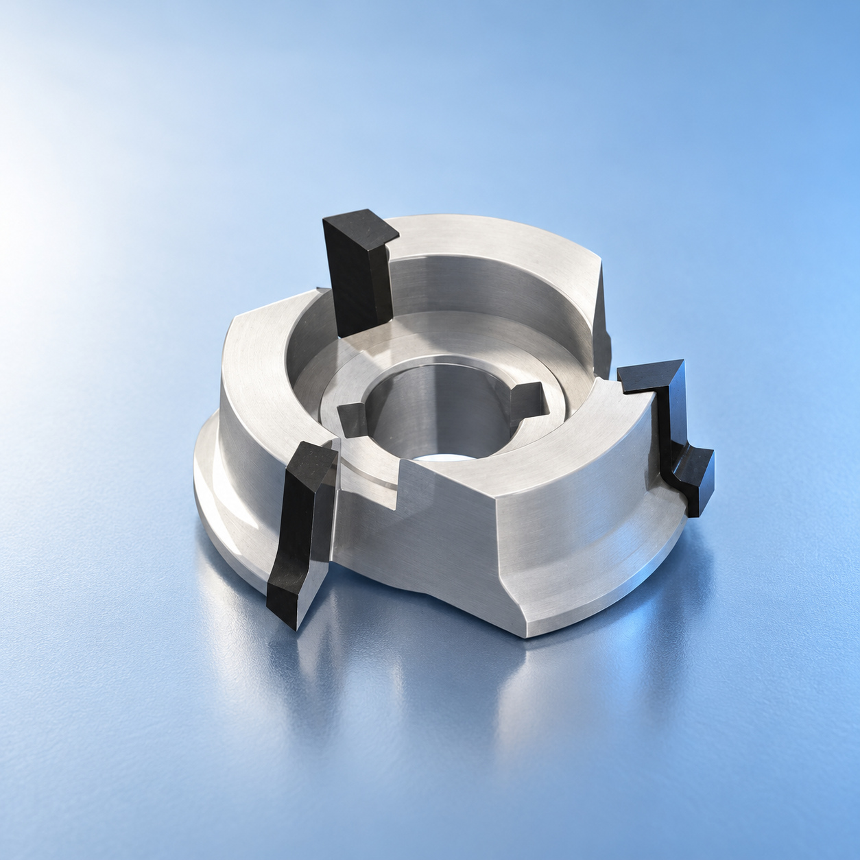 Microtech round insert cutterhead with black cutting inserts on a light blue reflective stage