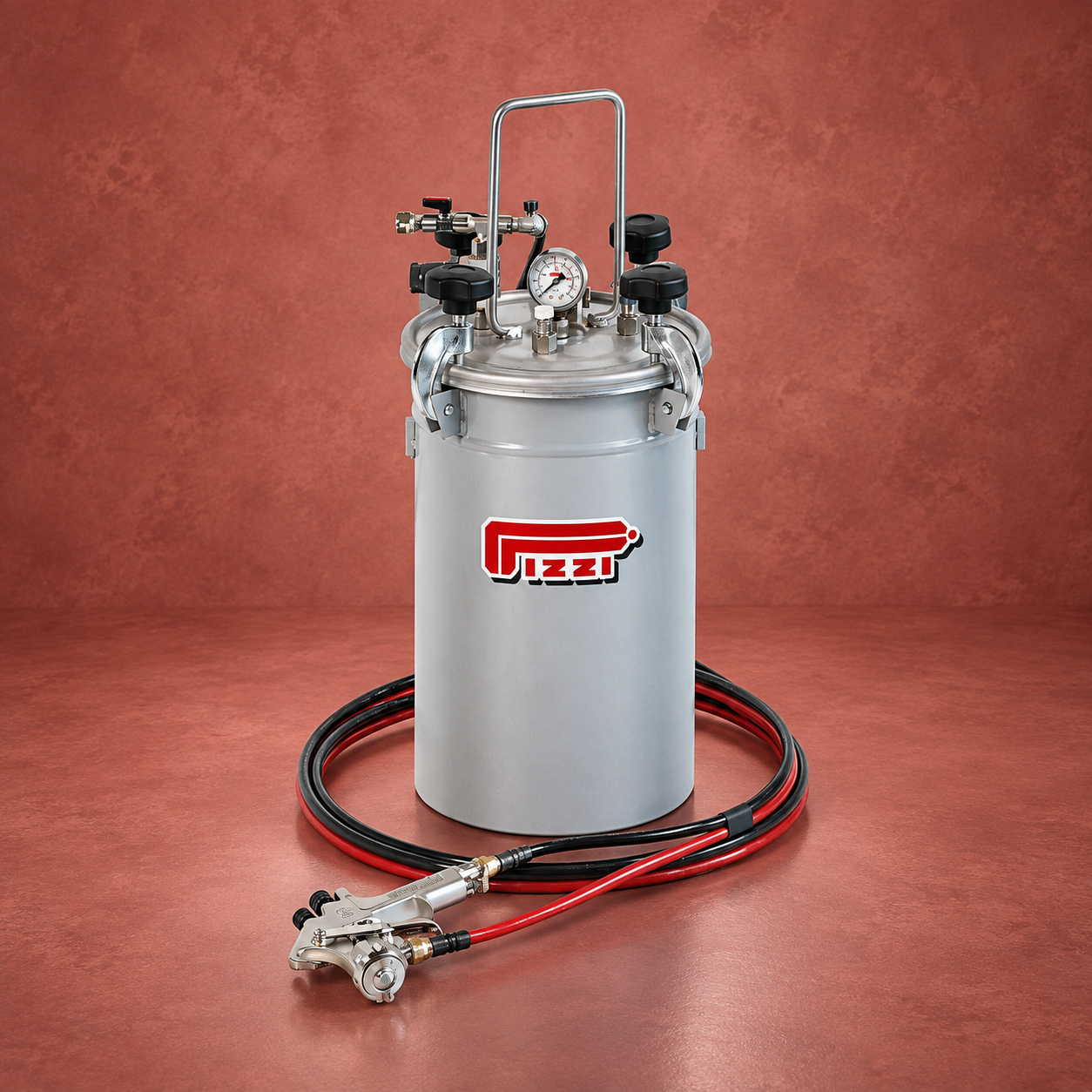 Pizzi pressure tank with hose and spray applicator on a muted red studio background