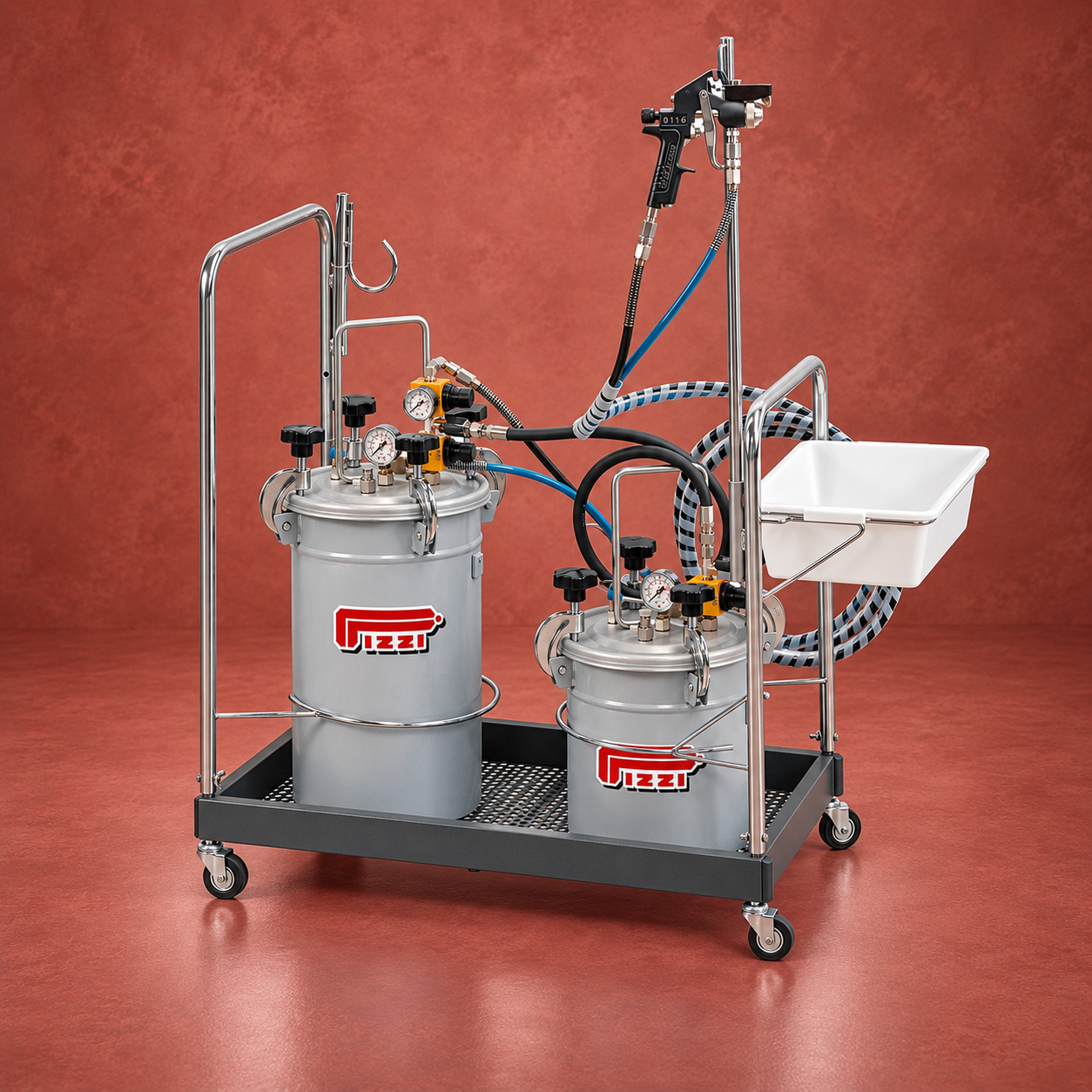 Pizzi dual-tank spray cart with hoses and applicator on a muted red studio background