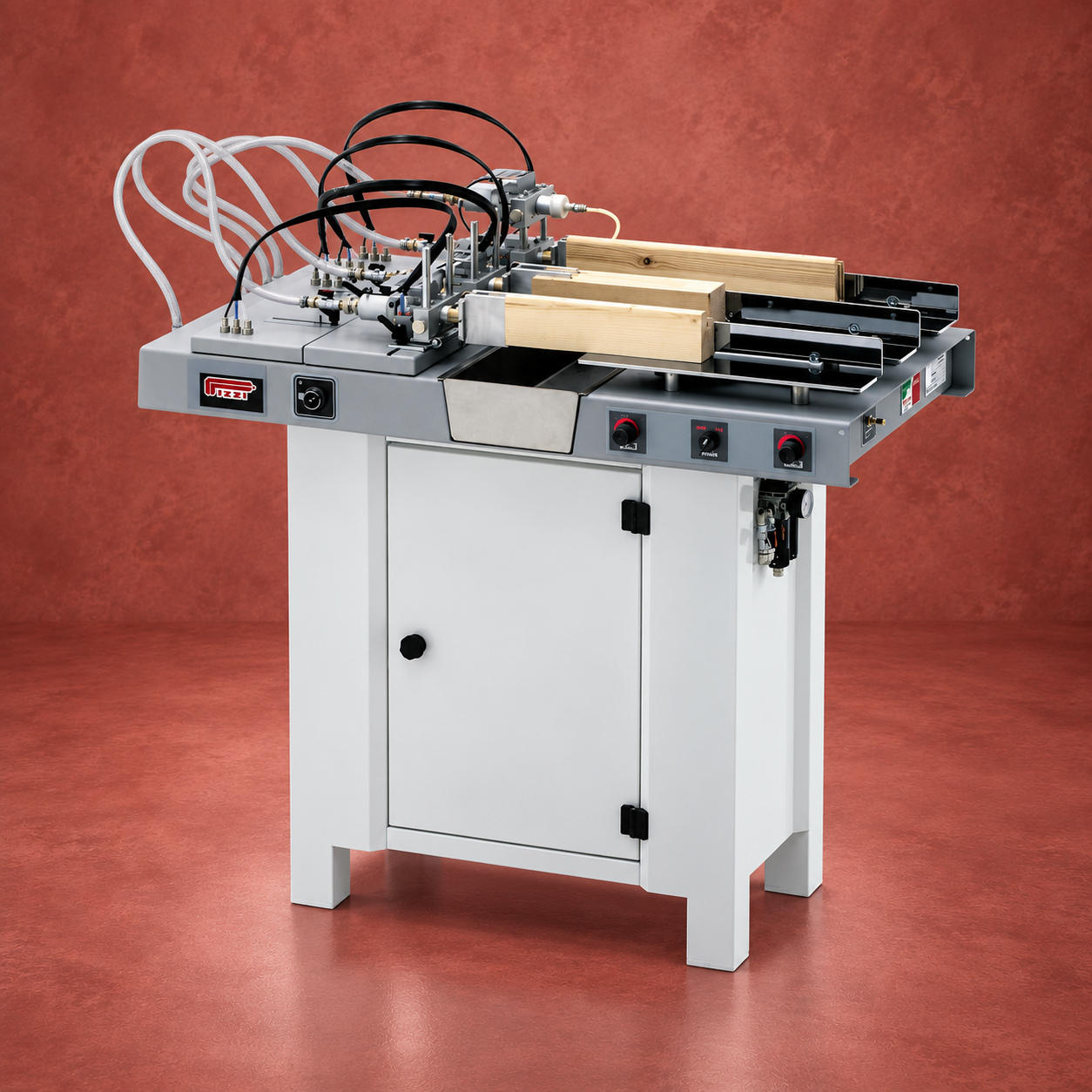 Pizzi glue application machine with multiple workpiece stations on a muted red studio background