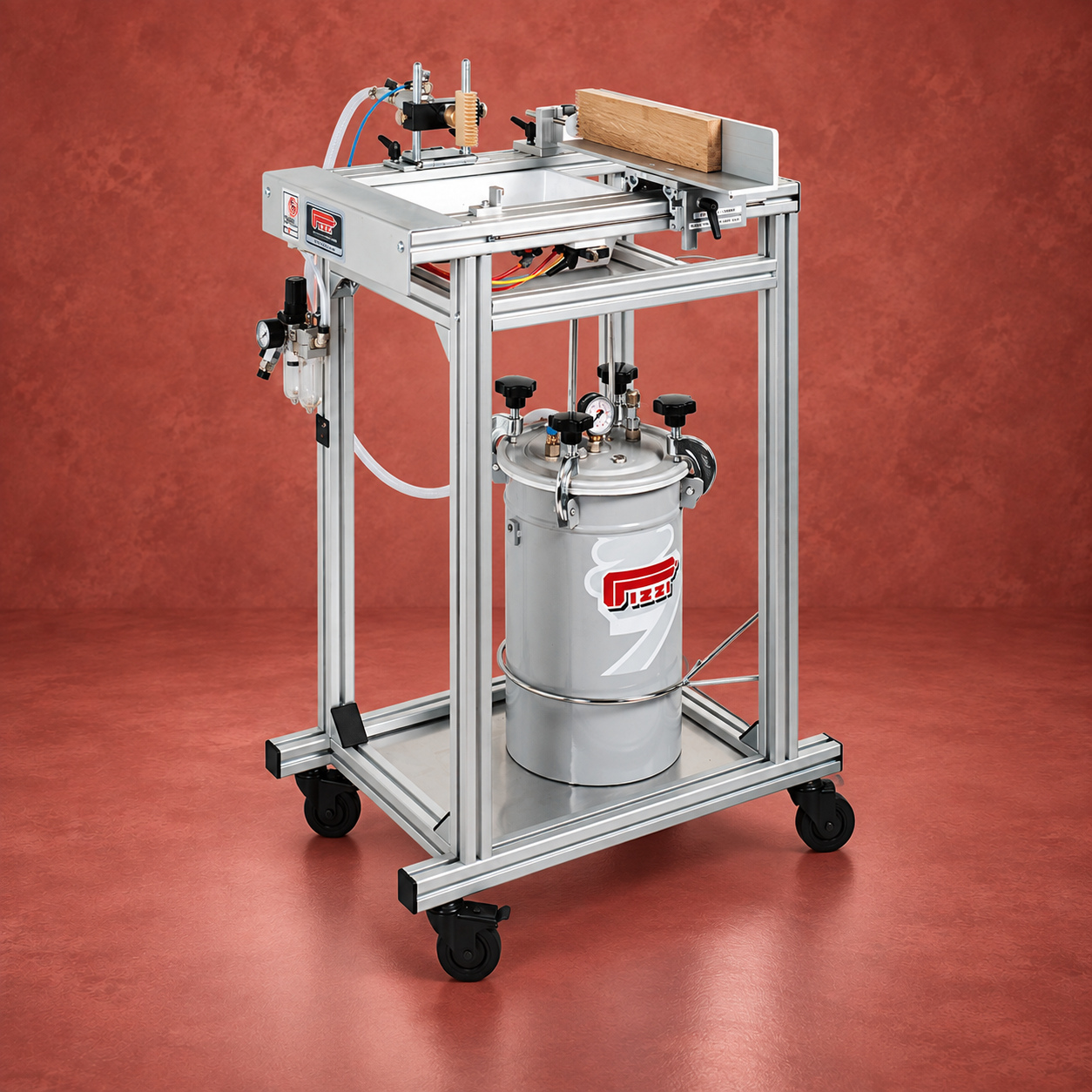 Pizzi framed finishing station with pressure tank and work platform on a muted red studio background