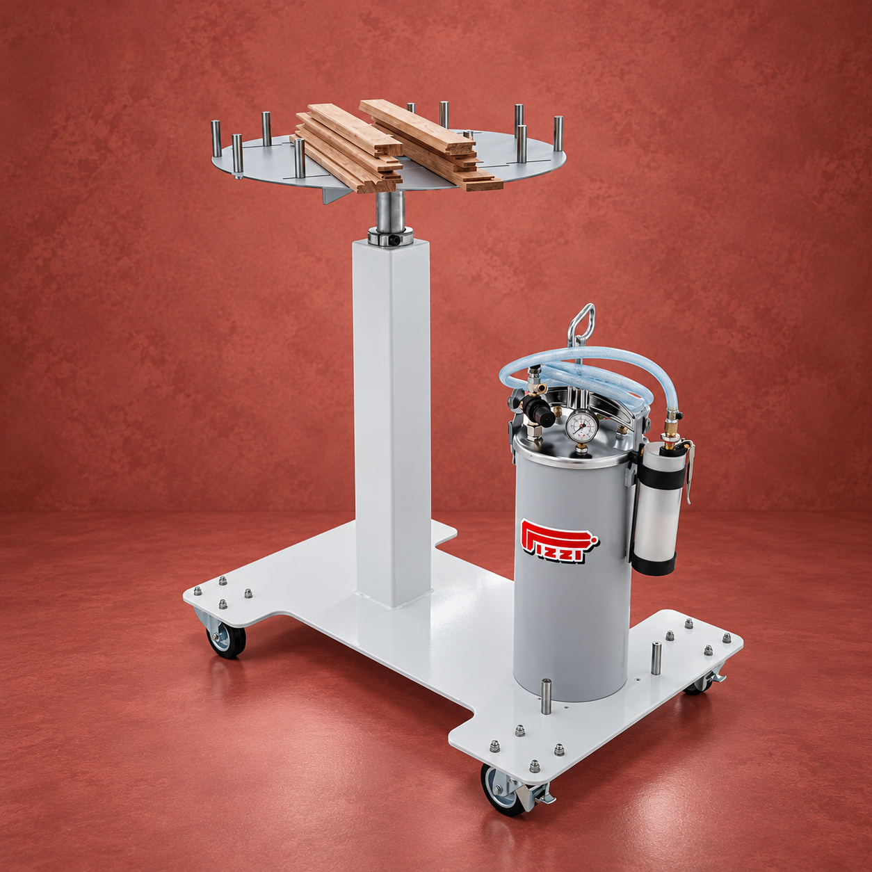 Pizzi pedestal turntable system with pressure tank on a muted red studio background