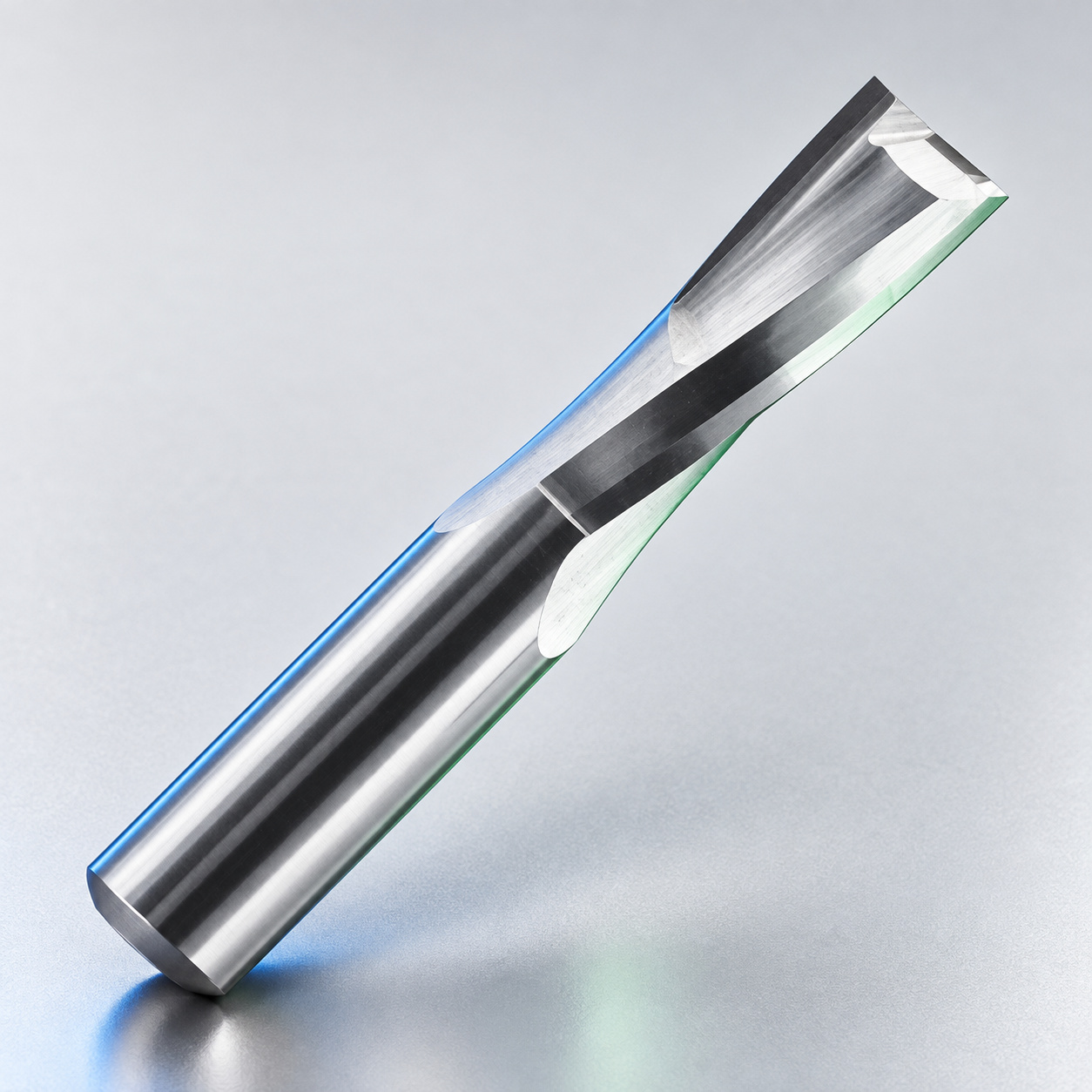 Royce Ayr polished straight solid-carbide router tool photographed diagonally on a light studio background