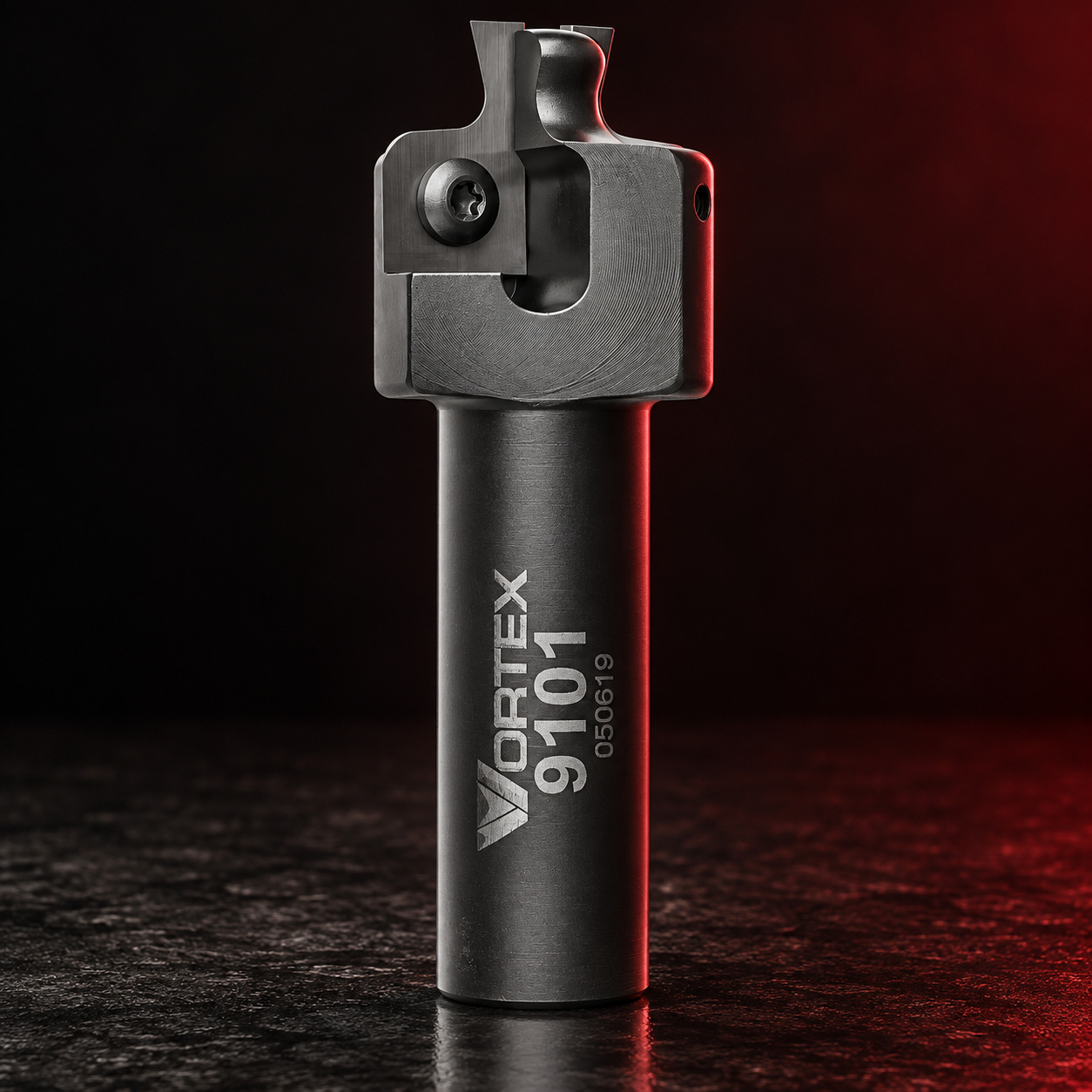 Vortex Tool profile router bit with indexable insert on a black studio surface with red edge lighting