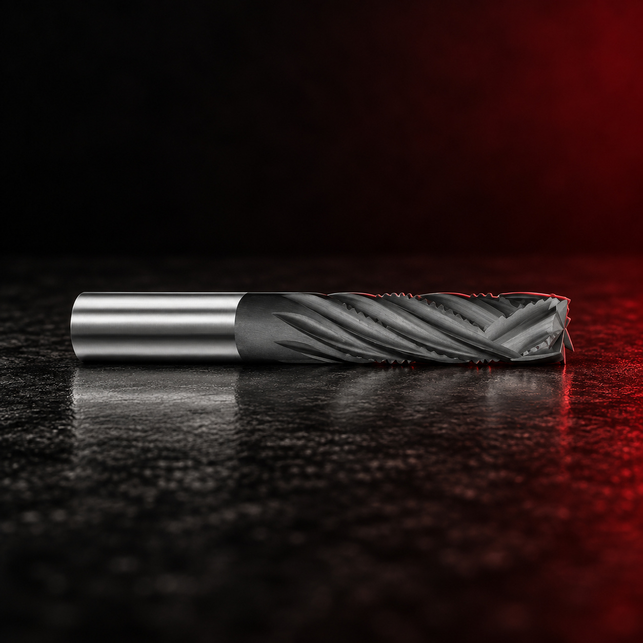 Vortex Tool roughing end mill on a black studio surface with red edge lighting