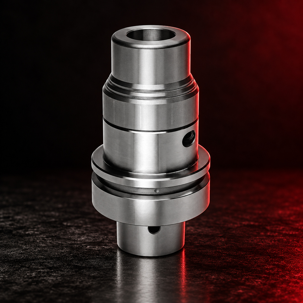 Vortex Tool precision tool holder on a black studio surface with red edge lighting
