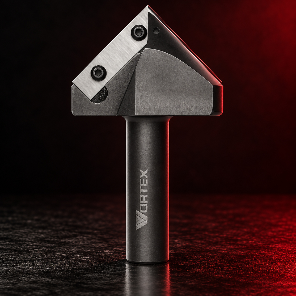 Vortex Tool profile insert router bit on a black studio surface with red edge lighting